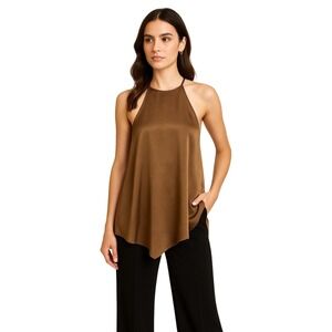 Halston Heritage Bronze Metallic Halter Top Size L Satin Drape Blouse Lined Y2K